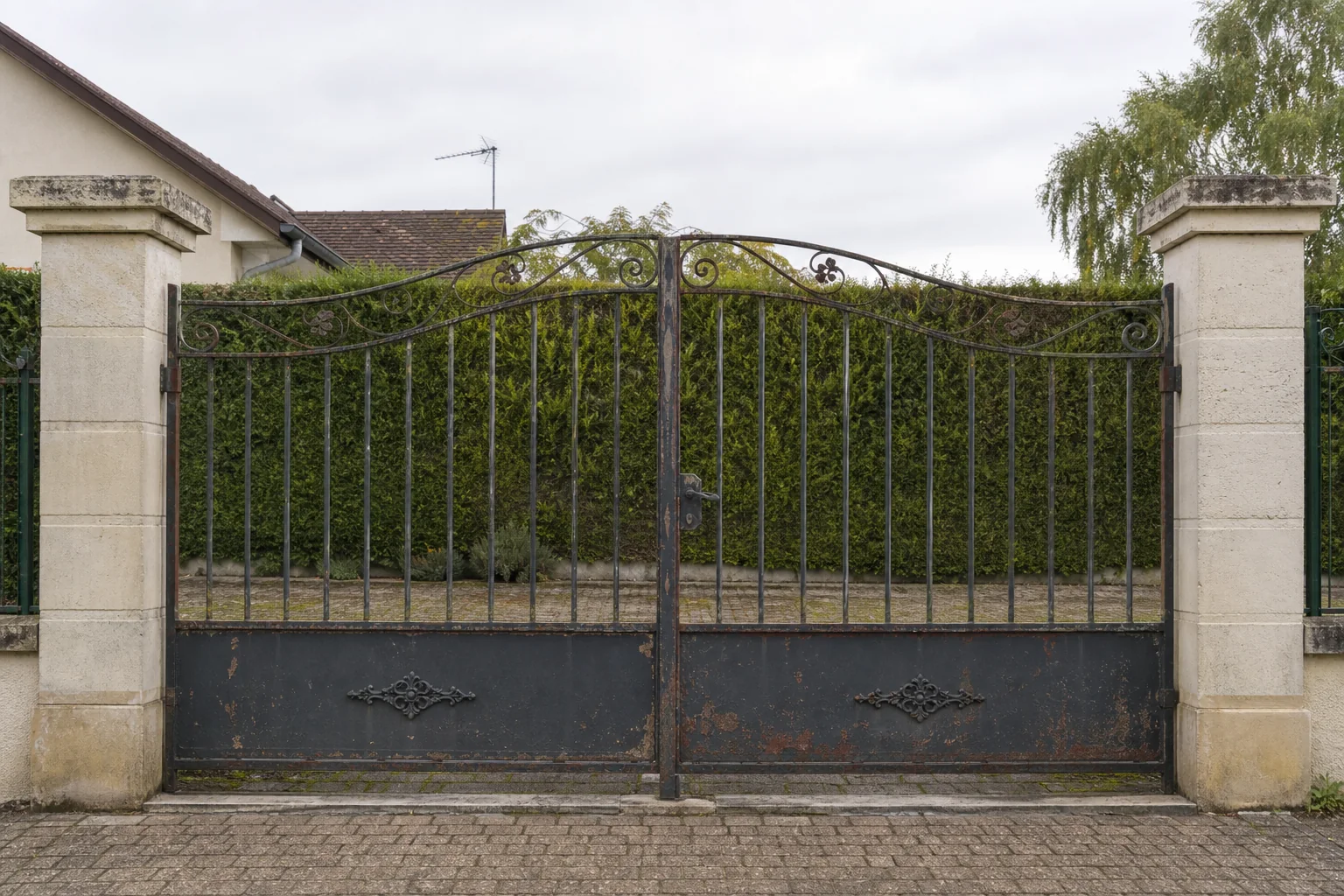 Portail métallique avant rénovation, peinture ternie et traces de rouille