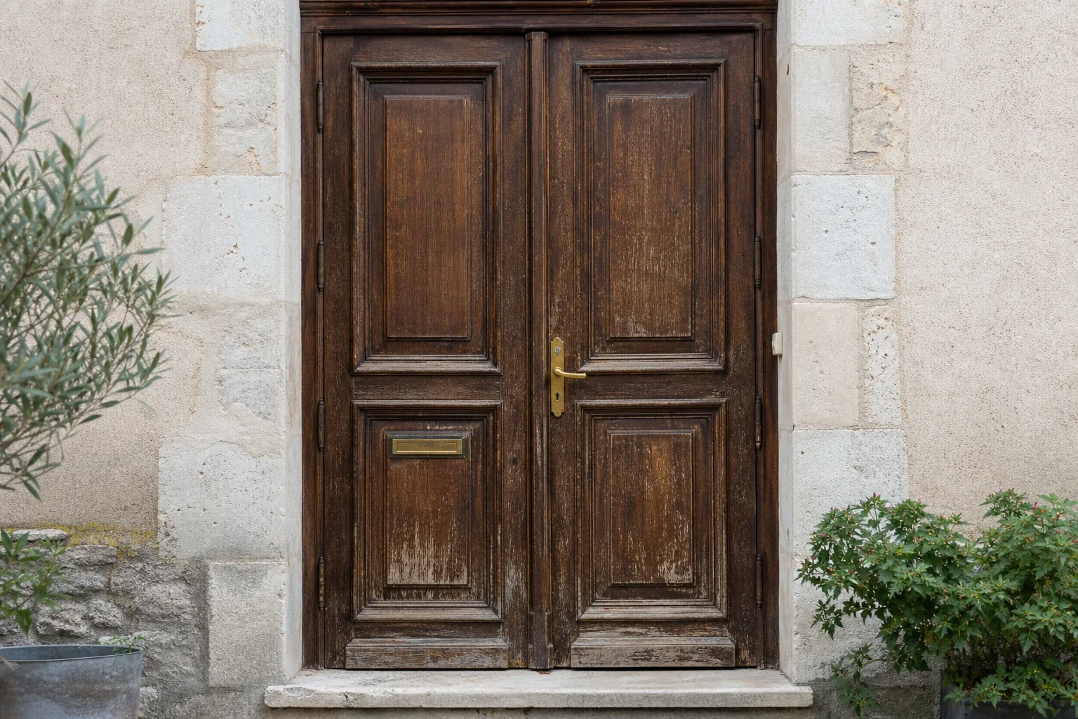 Porte en bois avant rénovation, finition usée et décolorée