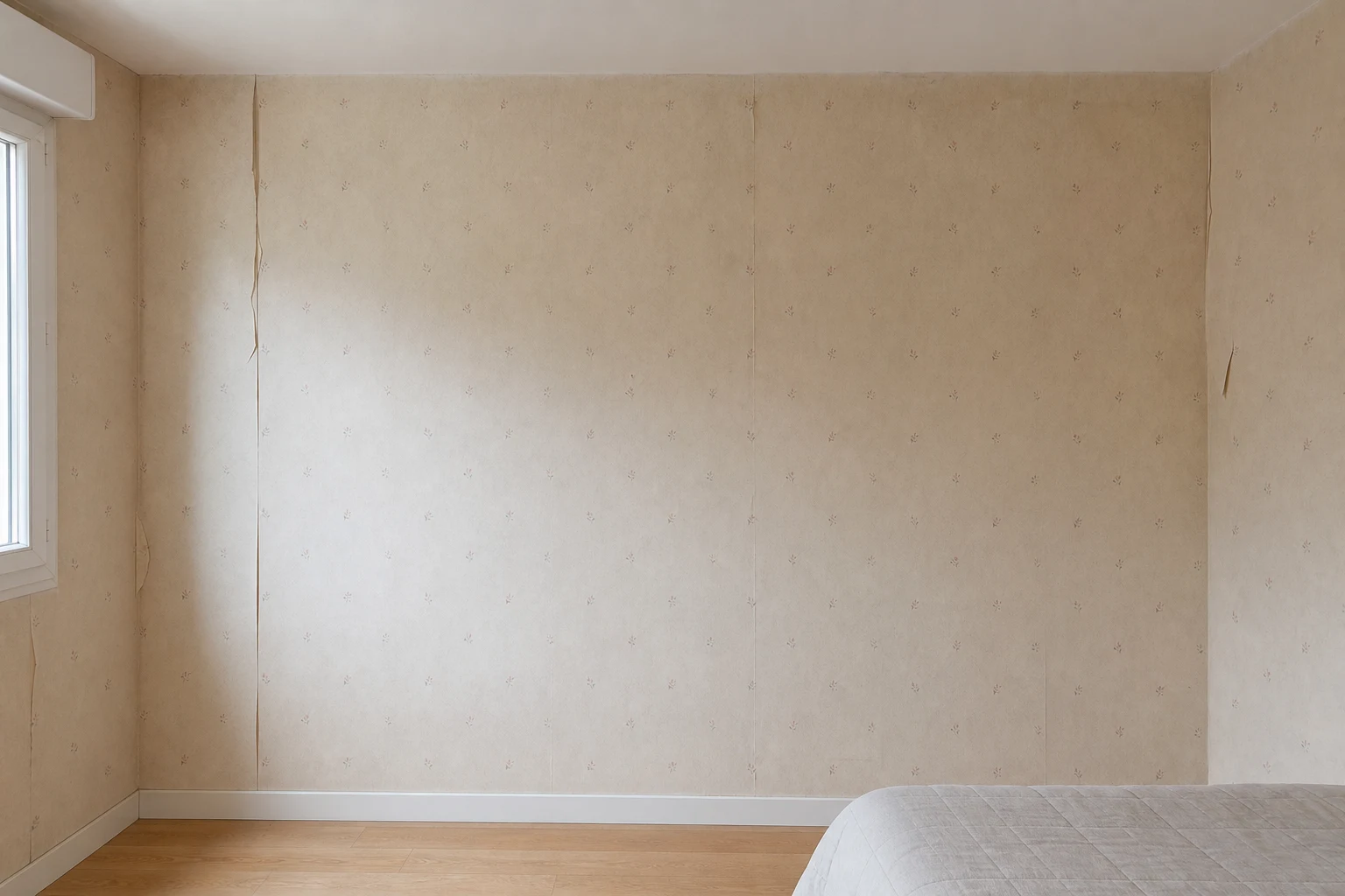 Mur de chambre habillé d'un revêtement mural, rénovation par ARC RENOV — avant intervention